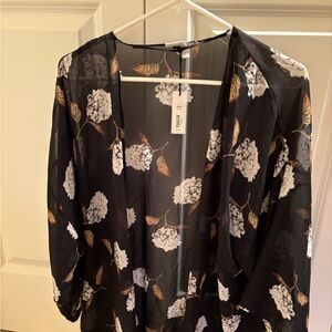NWT! One size black sheer kimono with floral detail